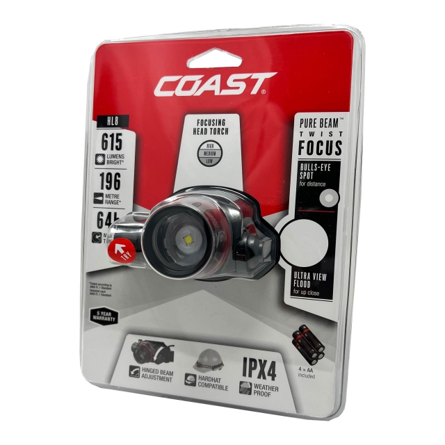 COAST COAST HL8 LED Pure Beam Head Torch 615 Lumens with 4xAA Batteries