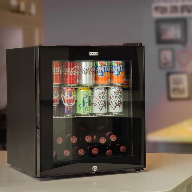 BARIDI Baridi 50L Tabletop Beer & Drinks Mini Fridge with Light 3-10°C - Black & Glass