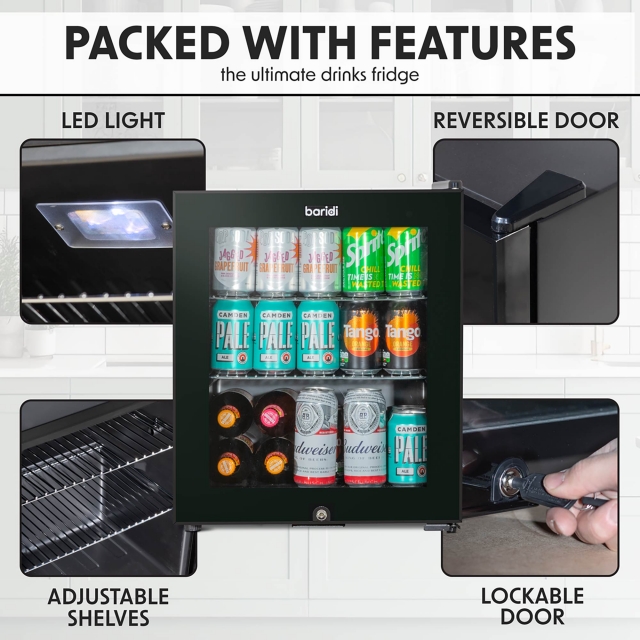 BARIDI Baridi 50L Tabletop Beer & Drinks Mini Fridge with Light 3-10°C - Black & Glass