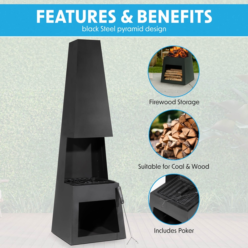 DELLONDA Dellonda Outdoor Chiminea Fireplace Fire Pit Heater Firewood Storage Black Steel