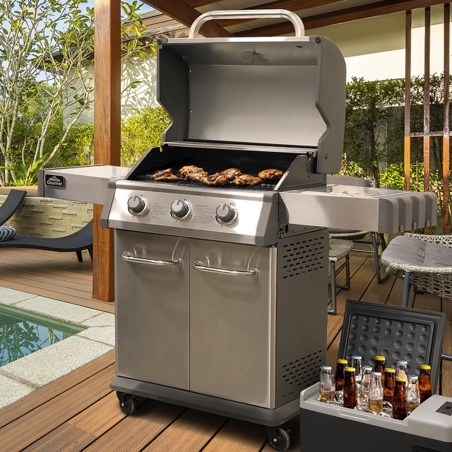 DELLONDA Dellonda 3 Burner Deluxe Gas BBQ Grill with Piezo Ignition & Wheels - Stainless Steel