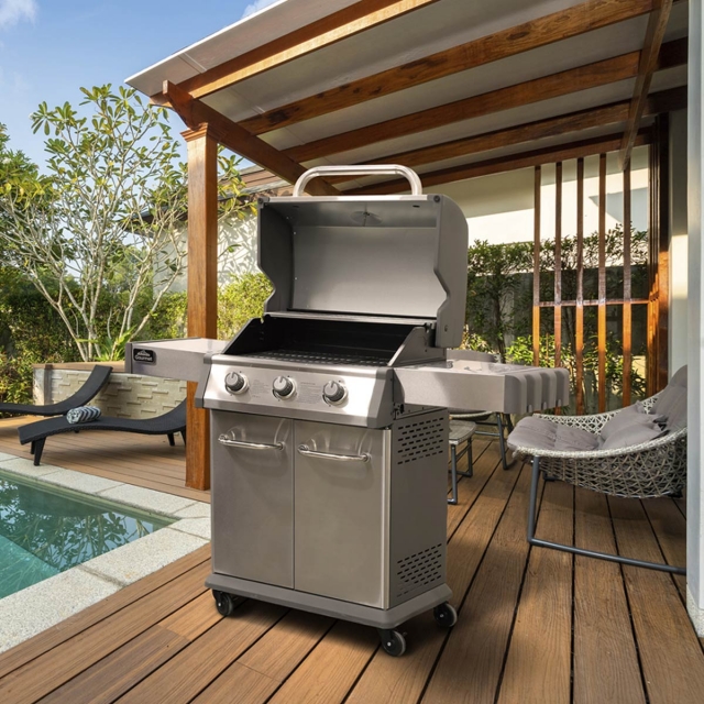 DELLONDA Dellonda 3 Burner Deluxe Gas BBQ Grill with Piezo Ignition & Wheels - Stainless Steel