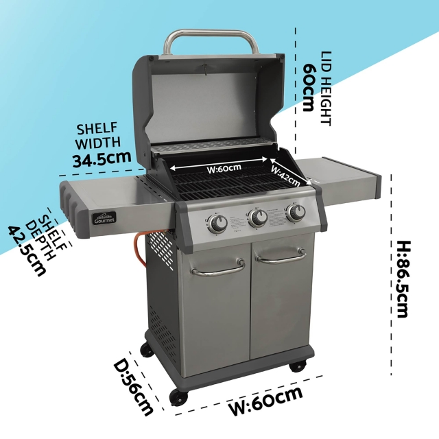 DELLONDA Dellonda 3 Burner Deluxe Gas BBQ Grill with Piezo Ignition & Wheels - Stainless Steel