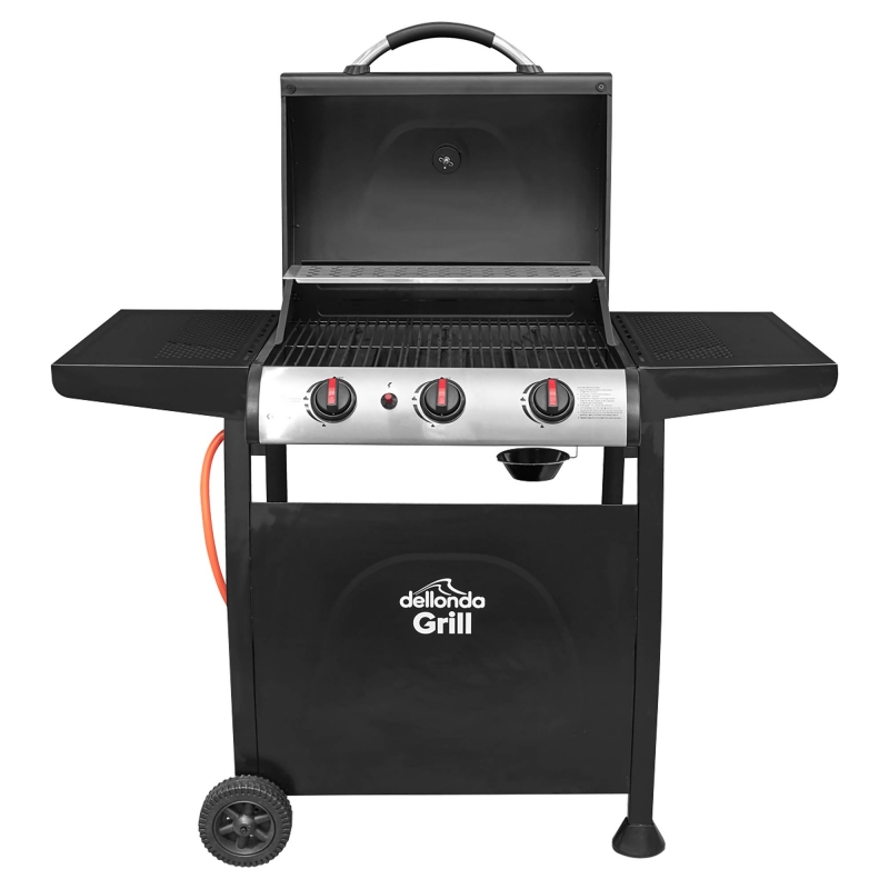 DELLONDA Dellonda 3 Burner Gas BBQ Grill, Ignition, Thermometer, Black/Stainless Steel