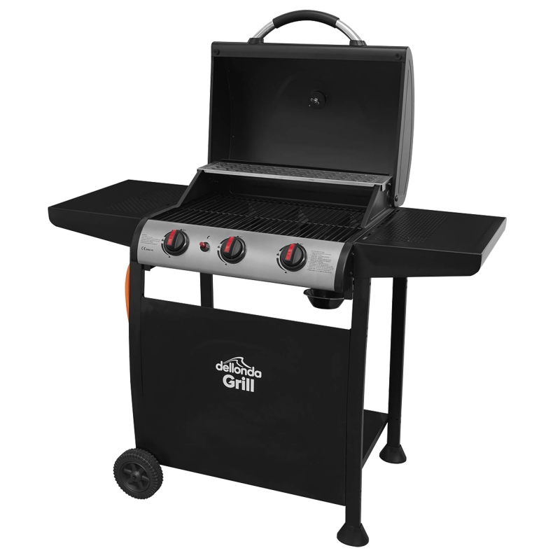 DELLONDA Dellonda 3 Burner Gas BBQ Grill, Ignition, Thermometer, Black/Stainless Steel