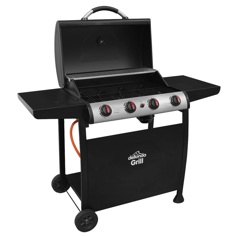 DELLONDA Dellonda 4 Burner Gas BBQ Grill, Ignition, Thermometer, Black/Stainless Steel