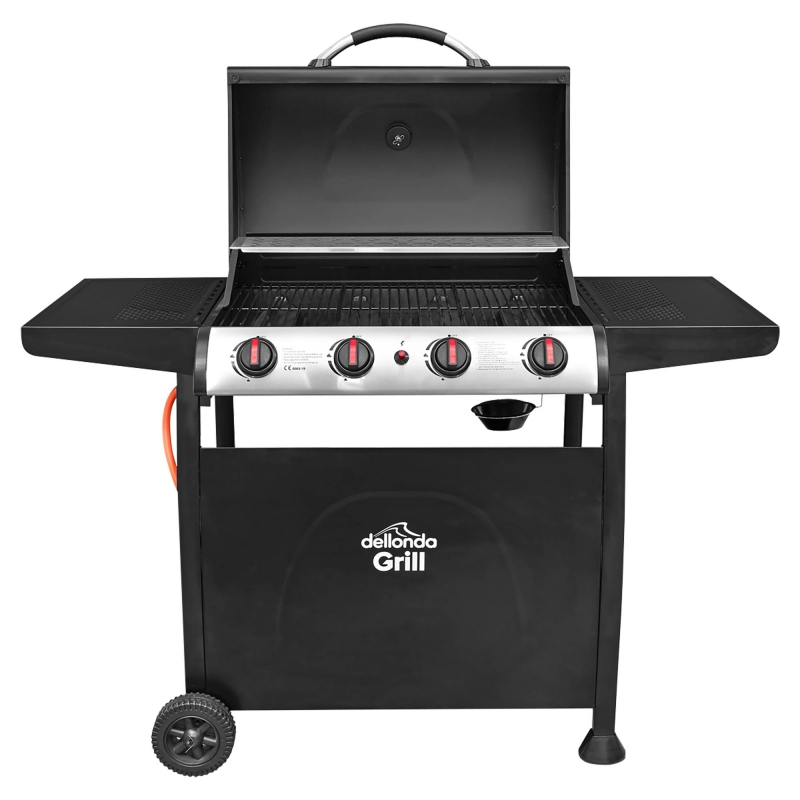 DELLONDA Dellonda 4 Burner Gas BBQ Grill, Ignition, Thermometer, Black/Stainless Steel