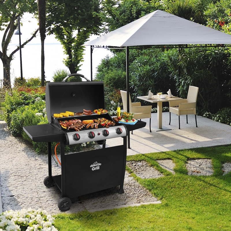 DELLONDA Dellonda 4 Burner Gas BBQ Grill, Ignition, Thermometer, Black/Stainless Steel