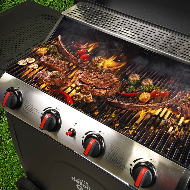 DELLONDA Dellonda 4 Burner Gas BBQ Grill, Ignition, Thermometer, Black/Stainless Steel