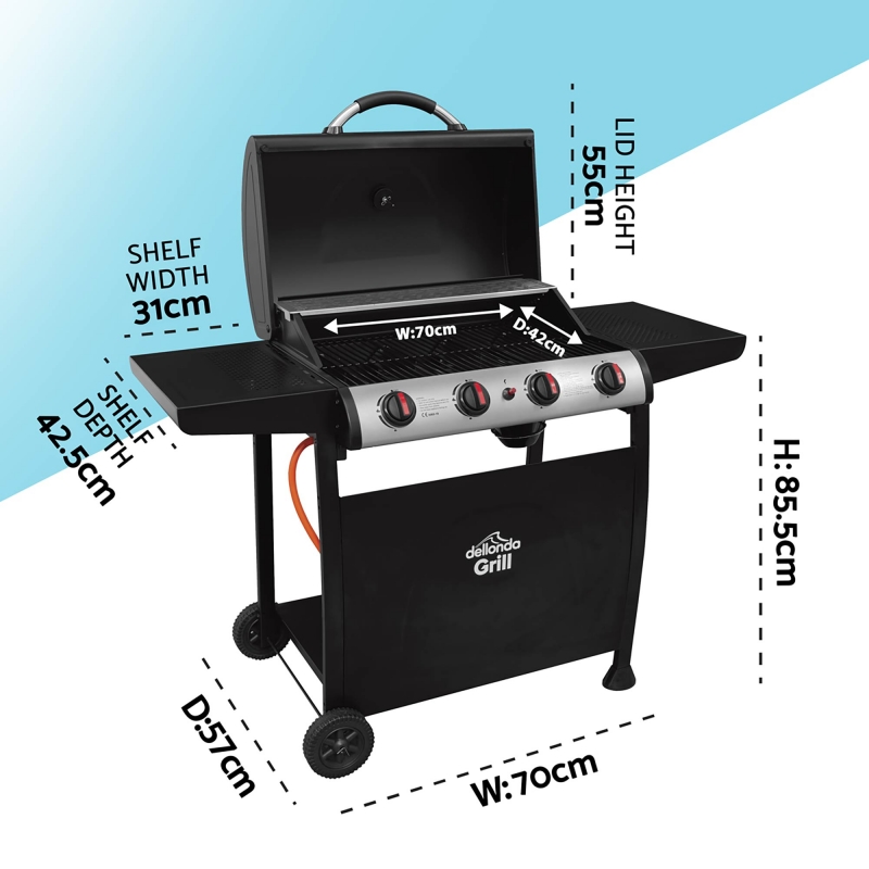 DELLONDA Dellonda 4 Burner Gas BBQ Grill, Ignition, Thermometer, Black/Stainless Steel