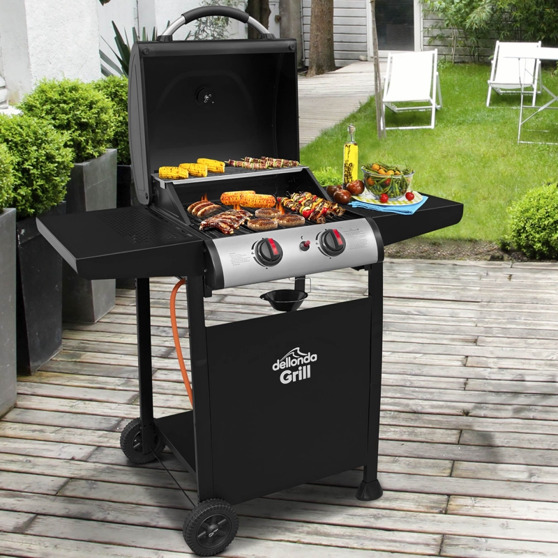 DELLONDA Dellonda 2 Burner Gas BBQ Grill with Ignition & Thermometer - Black/Stainless Steel