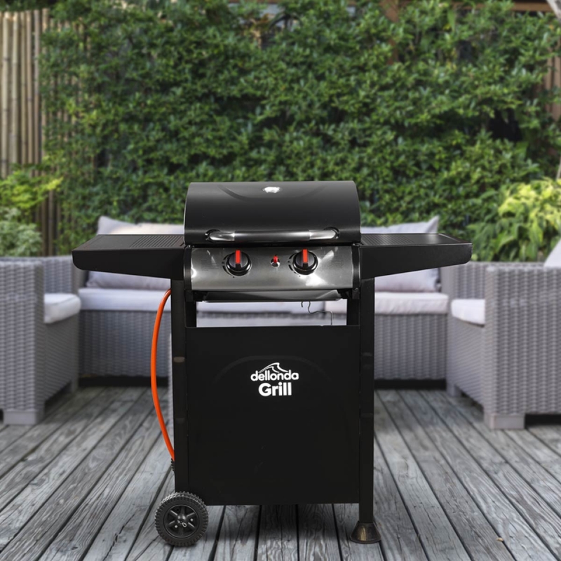 DELLONDA Dellonda 2 Burner Gas BBQ Grill with Ignition & Thermometer - Black/Stainless Steel
