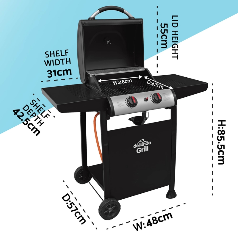 DELLONDA Dellonda 2 Burner Gas BBQ Grill with Ignition & Thermometer - Black/Stainless Steel