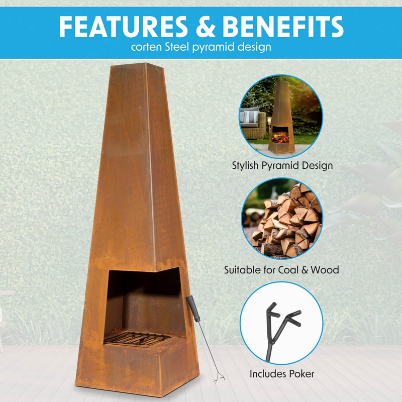 DELLONDA Dellonda Chiminea, Wood Burner, Heater for Outdoors W45cm x H150cm, Corten Steel