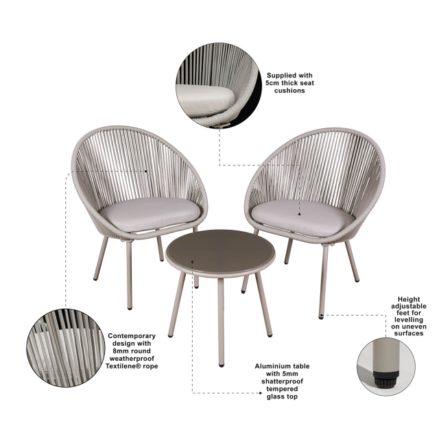 DELLONDA Dellonda Como 3-Piece Steel Bistro Set with Tempered Glass Top