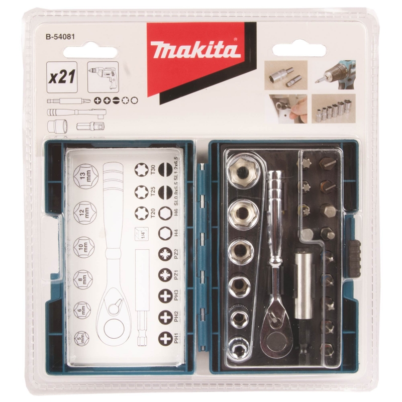 MAKITA MAKITA B-54081 21 Piece Screw Bit & Ratchet Set 1/4